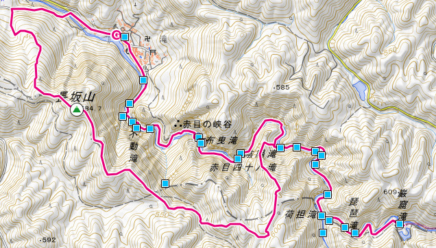赤目滝バス停から長坂山山頂、巌窟滝から赤目渓谷入口のコース地図